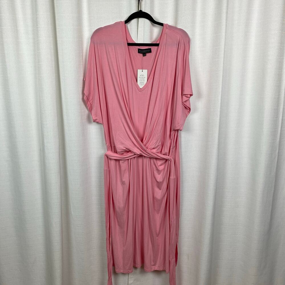 Eloquii Pink Cross Front Waist Tie Flutter Sleeve Midi Dress Sz.24W NWT - Picture 7 of 16